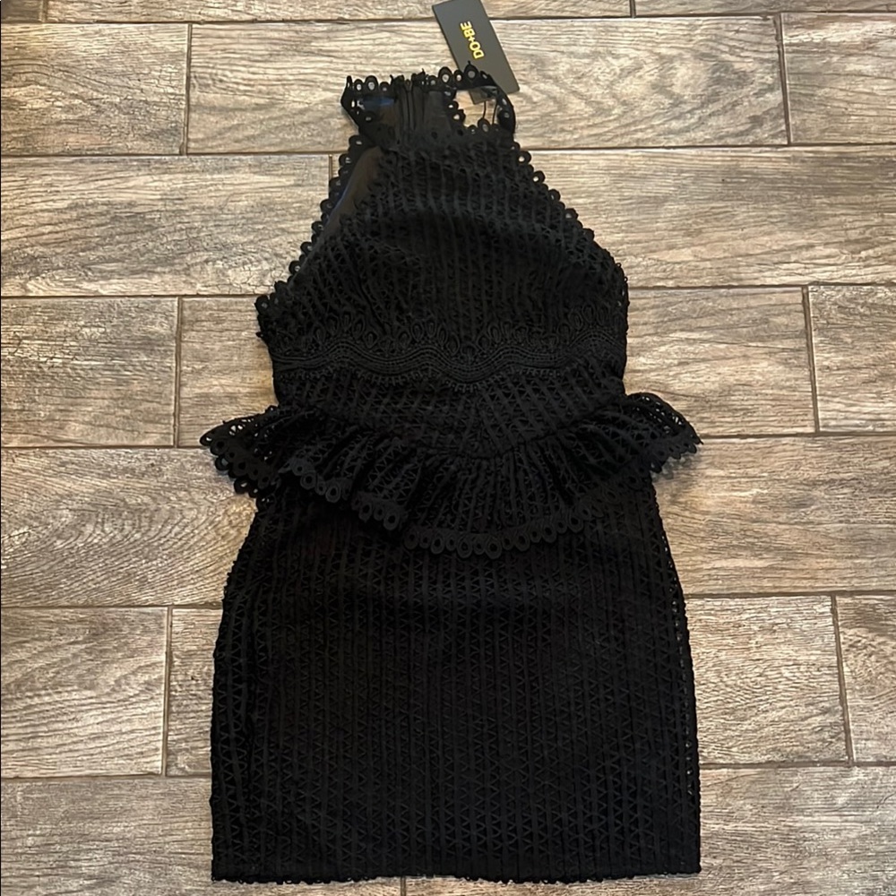 NWT- DO+BE Black Ruffled Ribbed Halter Mini Dress